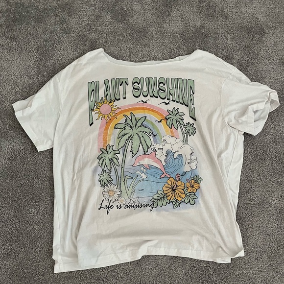 Tops - White plant sunshine graphic oversized off the shoulder cut tee shirt beach